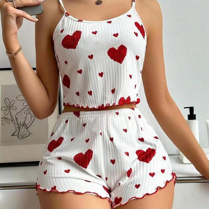 Summer New Women’s Pajama Set Breathable Soft Casual Love Printed Design Sweet Home Strap Shorts Pajamas